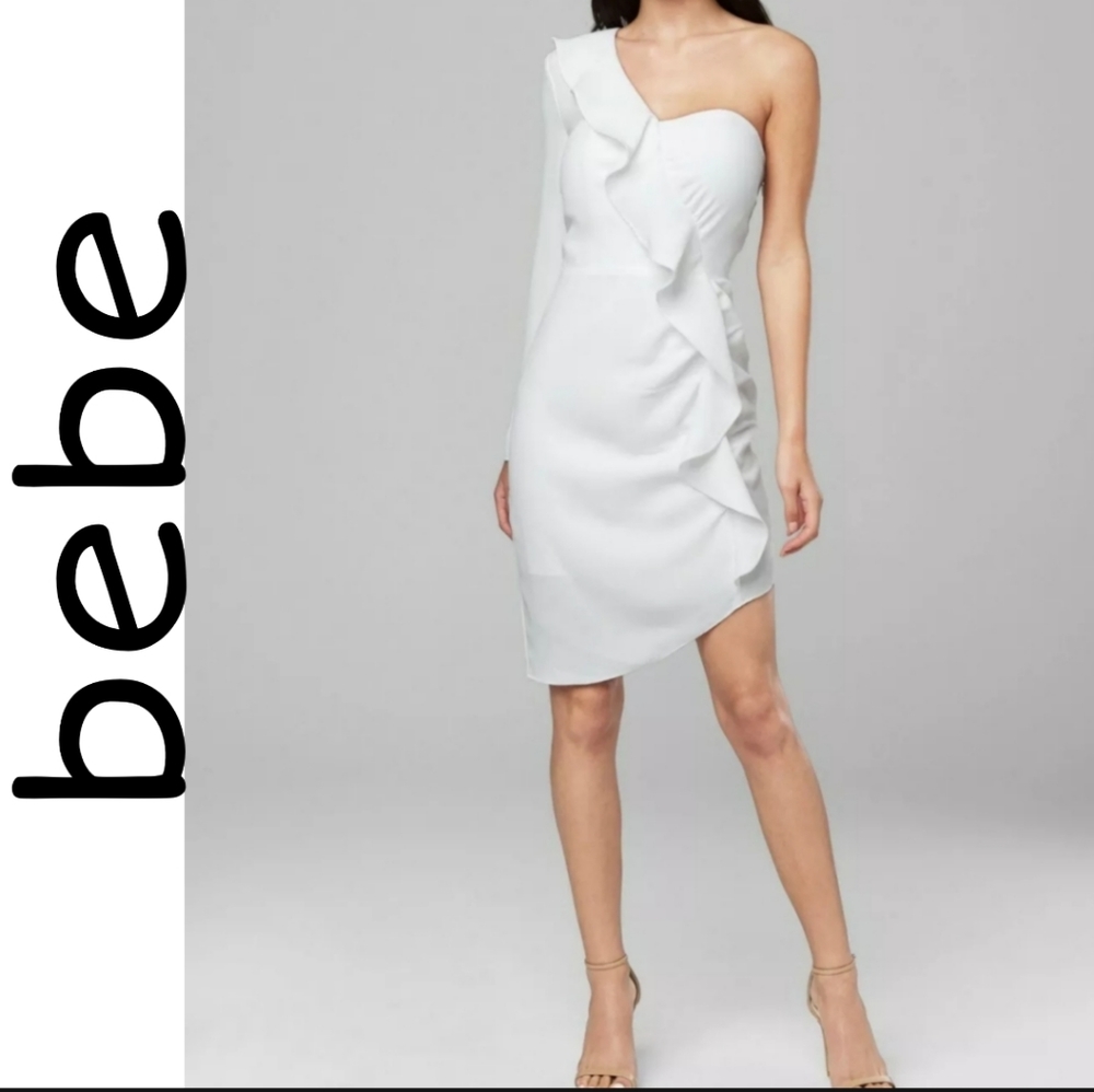 BEBE Asymmetrical Ruffle Crepe White Dress